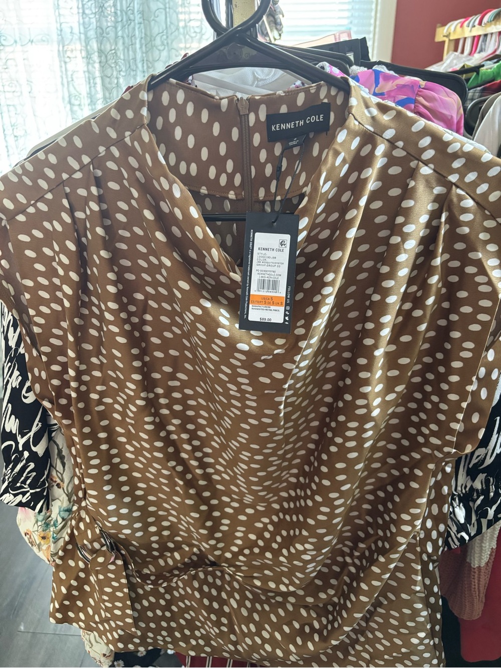 Kenneth Cole Brown Blouse with White Polka Dots